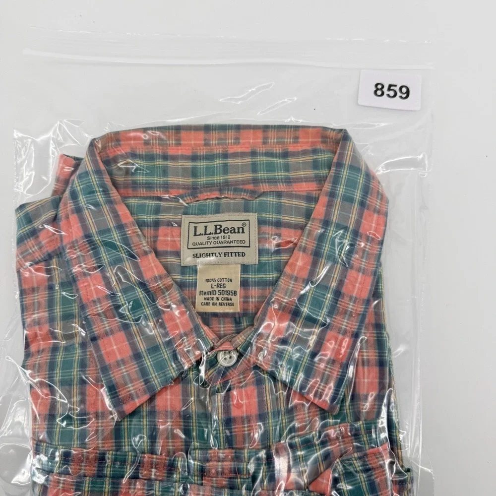 LL Bean Button Down Shirt Mens L Pink Green Plaid Cotton Short Sleeve Fitted